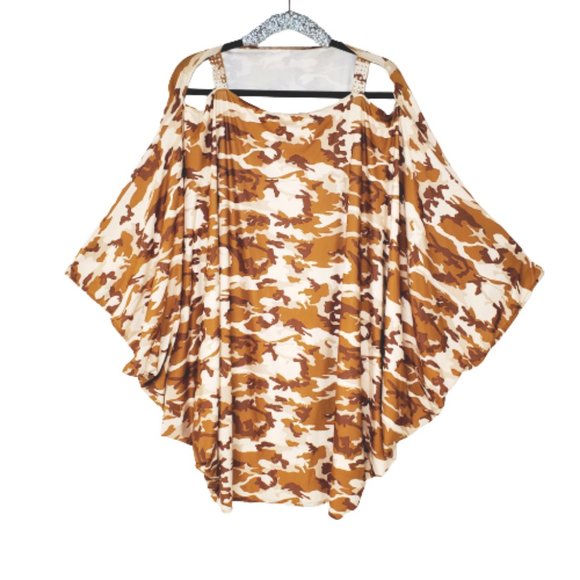 Boho Brown Camo Tunic Flowy Batwing Top with Open Sleeves & Swrk. Crystals. - Picture 1 of 4